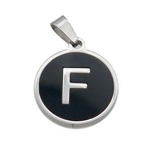Raw Stainless Steel Pendant Pave Black Agate Letter-F, approx 15mm dia [SSB1984]