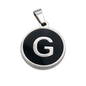 Raw Stainless Steel Pendant Pave Black Agate Letter-G, approx 15mm dia [SSB1985]