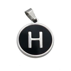 Raw Stainless Steel Pendant Pave Black Agate Letter-H, approx 15mm dia [SSB1986]