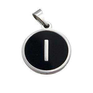Raw Stainless Steel Pendant Pave Black Agate Letter-I, approx 15mm dia [SSB1987]