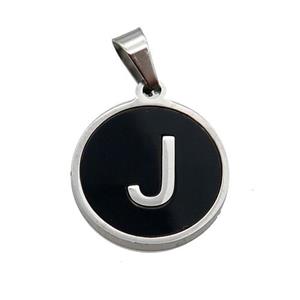 Raw Stainless Steel Pendant Pave Black Agate Letter-J, approx 15mm dia [SSB1988]