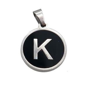 Raw Stainless Steel Pendant Pave Black Agate Letter-K, approx 15mm dia [SSB1989]