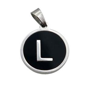 Raw Stainless Steel Pendant Pave Black Agate Letter-L, approx 15mm dia [SSB1990]