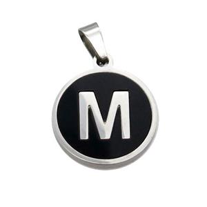 Raw Stainless Steel Pendant Pave Black Agate Letter-M, approx 15mm dia [SSB1991]