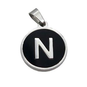 Raw Stainless Steel Pendant Pave Black Agate Letter-N, approx 15mm dia [SSB1992]