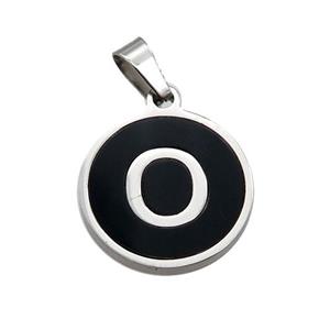 Raw Stainless Steel Pendant Pave Black Agate Letter-O, approx 15mm dia [SSB1993]