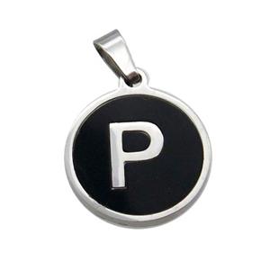 Raw Stainless Steel Pendant Pave Black Agate Letter-P, approx 15mm dia [SSB1994]
