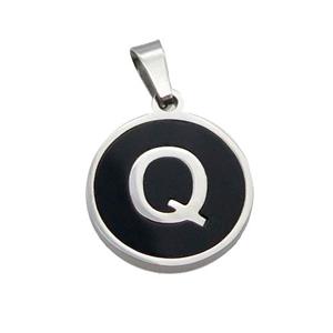 Raw Stainless Steel Pendant Pave Black Agate Letter-Q, approx 15mm dia [SSB1995]