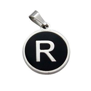 Raw Stainless Steel Pendant Pave Black Agate Letter-R, approx 15mm dia [SSB1996]