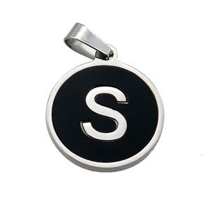 Raw Stainless Steel Pendant Pave Black Agate Letter-S, approx 15mm dia [SSB1997]