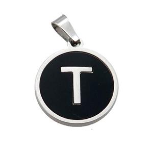 Raw Stainless Steel Pendant Pave Black Agate Letter-T, approx 15mm dia [SSB1998]
