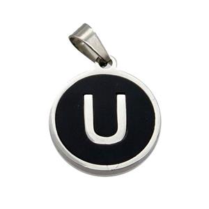 Raw Stainless Steel Pendant Pave Black Agate Letter-U, approx 15mm dia [SSB1999]
