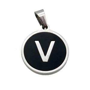 Raw Stainless Steel Pendant Pave Black Agate Letter-V, approx 15mm dia [SSB2000]