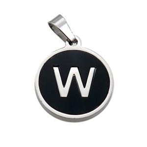 Raw Stainless Steel Pendant Pave Black Agate Letter-W, approx 15mm dia [SSB2001]