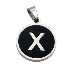 Raw Stainless Steel Pendant Pave Black Agate Letter-X, approx 15mm dia [SSB2002]