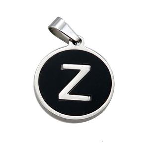 Raw Stainless Steel Pendant Pave Black Agate Letter-Z, approx 15mm dia [SSB2004]
