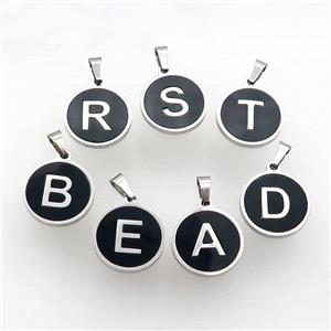 Raw Stainless Steel Letter Pendant Pave Black Agate Circle Mix Alphabet, approx 15mm dia [SSB2005]