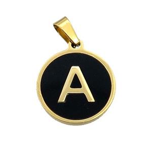 Stainless Steel Pendant Pave Black Agate Letter-A Gold Plated, approx 15mm dia [SSB2006]