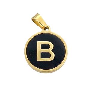 Stainless Steel Pendant Pave Black Agate Letter-B Gold Plated, approx 15mm dia [SSB2007]
