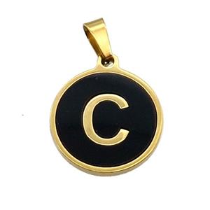 Stainless Steel Pendant Pave Black Agate Letter-C Gold Plated, approx 15mm dia [SSB2008]