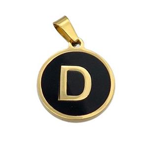 Stainless Steel Pendant Pave Black Agate Letter-D Gold Plated, approx 15mm dia [SSB2009]