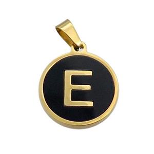 Stainless Steel Pendant Pave Black Agate Letter-E Gold Plated, approx 15mm dia [SSB2010]