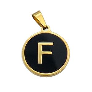 Stainless Steel Pendant Pave Black Agate Letter-F Gold Plated, approx 15mm dia [SSB2011]