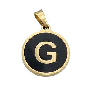 Stainless Steel Pendant Pave Black Agate Letter-G Gold Plated, approx 15mm dia [SSB2012]