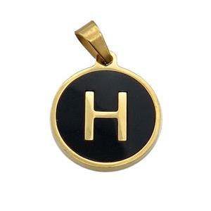 Stainless Steel Pendant Pave Black Agate Letter-H Gold Plated, approx 15mm dia [SSB2013]