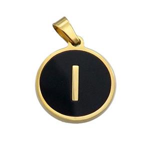 Stainless Steel Pendant Pave Black Agate Letter-I Gold Plated, approx 15mm dia [SSB2014]