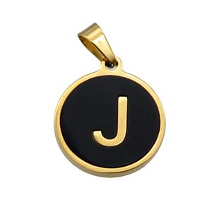 Stainless Steel Pendant Pave Black Agate Letter-J Gold Plated, approx 15mm dia [SSB2015]