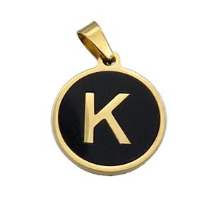 Stainless Steel Pendant Pave Black Agate Letter-K Gold Plated, approx 15mm dia [SSB2016]