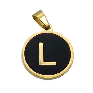 Stainless Steel Pendant Pave Black Agate Letter-L Gold Plated, approx 15mm dia [SSB2017]