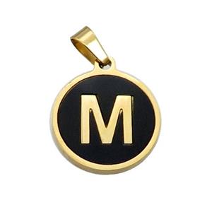 Stainless Steel Pendant Pave Black Agate Letter-M Gold Plated, approx 15mm dia [SSB2018]