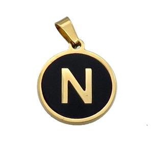 Stainless Steel Pendant Pave Black Agate Letter-N Gold Plated, approx 15mm dia [SSB2019]