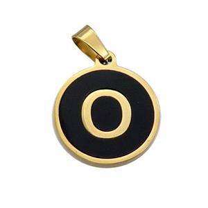 Stainless Steel Pendant Pave Black Agate Letter-O Gold Plated, approx 15mm dia [SSB2020]