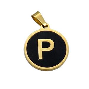 Stainless Steel Pendant Pave Black Agate Letter-P Gold Plated, approx 15mm dia [SSB2021]