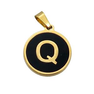 Stainless Steel Pendant Pave Black Agate Letter-Q Gold Plated, approx 15mm dia [SSB2022]