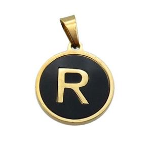 Stainless Steel Pendant Pave Black Agate Letter-R Gold Plated, approx 15mm dia [SSB2023]