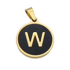 Stainless Steel Pendant Pave Black Agate Letter-W Gold Plated, approx 15mm dia [SSB2028]