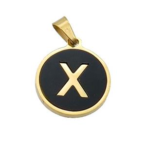 Stainless Steel Pendant Pave Black Agate Letter-X Gold Plated, approx 15mm dia [SSB2029]