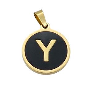 Stainless Steel Pendant Pave Black Agate Letter-Y Gold Plated, approx 15mm dia [SSB2030]