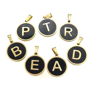Stainless Steel Letter Pendant Pave Black Agate Circle Mix Alphabet Gold Plated, approx 15mm dia [SSB2032]