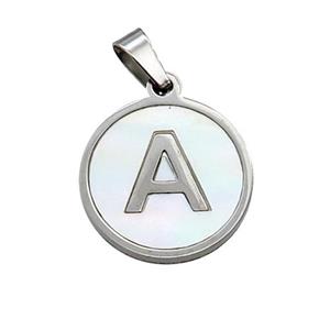 Raw Stainless Steel Pendant Pave White Shell Letter-A, approx 15mm dia [SSB2033]