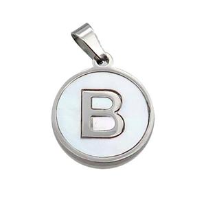 Raw Stainless Steel Pendant Pave White Shell Letter-B, approx 15mm dia [SSB2034]