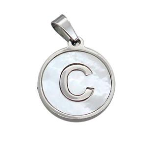 Raw Stainless Steel Pendant Pave White Shell Letter-C, approx 15mm dia [SSB2035]