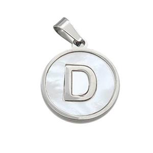 Raw Stainless Steel Pendant Pave White Shell Letter-D, approx 15mm dia [SSB2036]