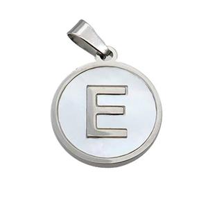 Raw Stainless Steel Pendant Pave White Shell Letter-E, approx 15mm dia [SSB2037]