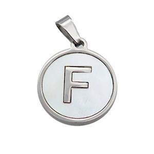 Raw Stainless Steel Pendant Pave White Shell Letter-F, approx 15mm dia [SSB2038]