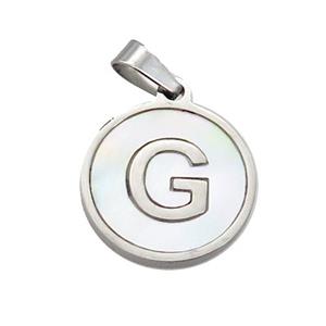 Raw Stainless Steel Pendant Pave White Shell Letter-G, approx 15mm dia [SSB2039]